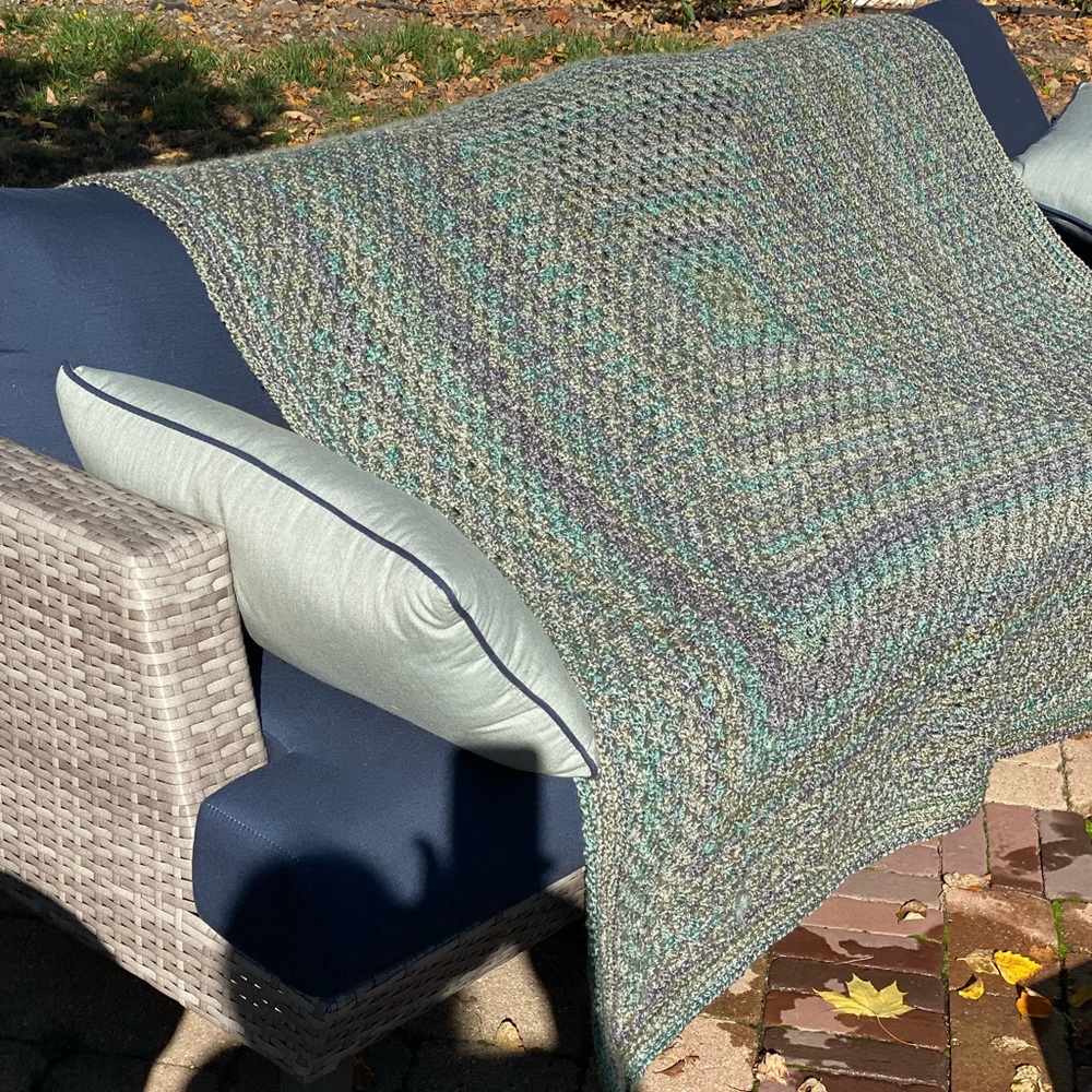 Beautiful Variegated Green Handcrafted Afghan 64” Sq